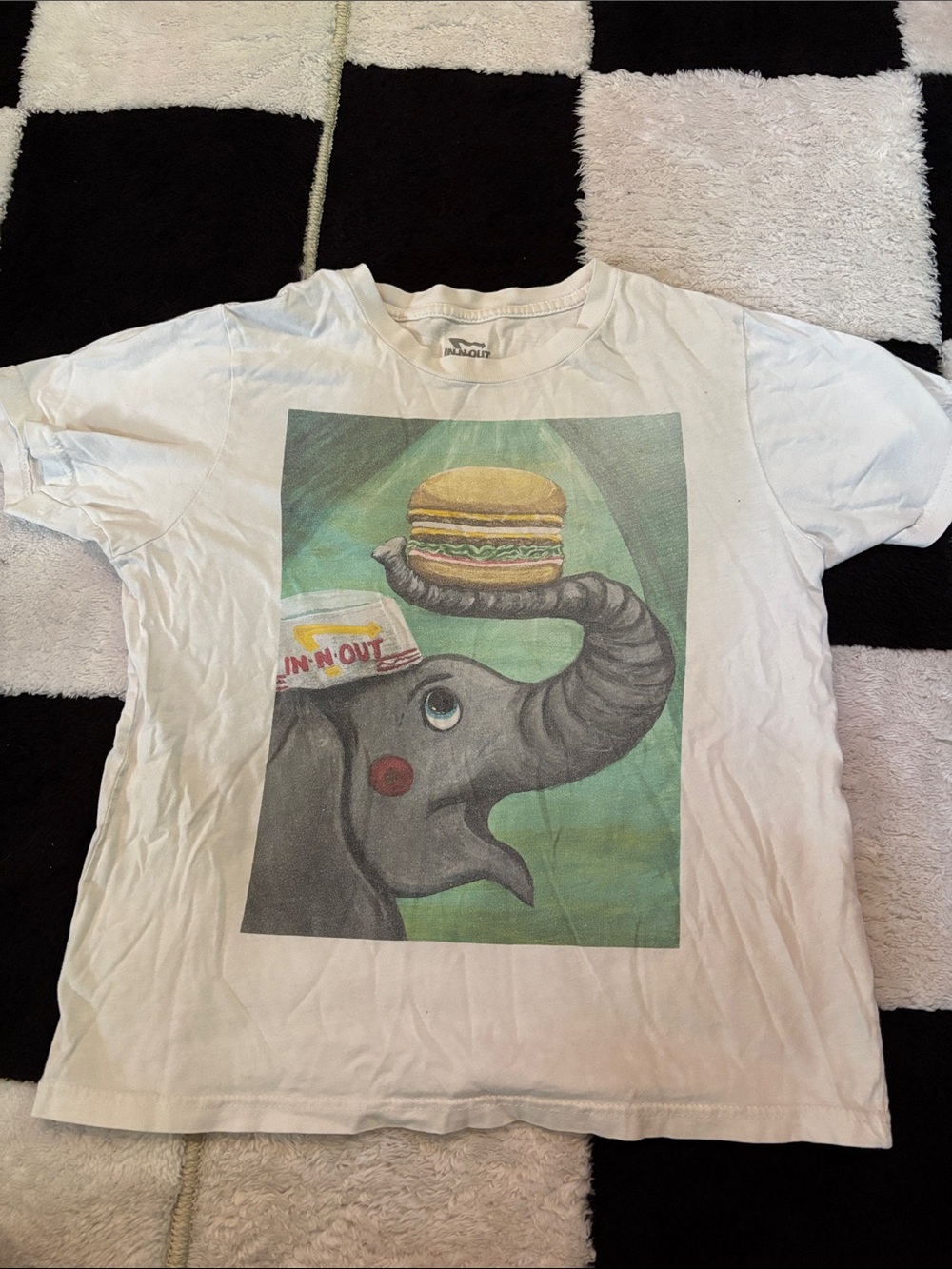 Kids White Graphic Tee with Elephant & Burger Illustration